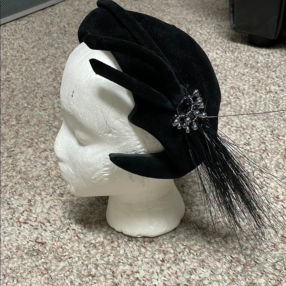 Vintage Black Velvet Feathered Cocktail Hat